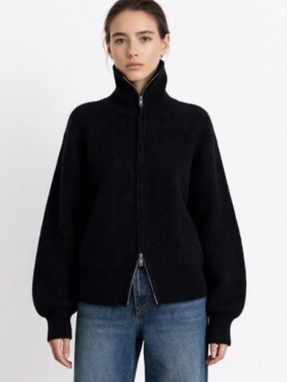 OAK + FORT Black Zip-Up Ribbed Funnel Collar Sweater